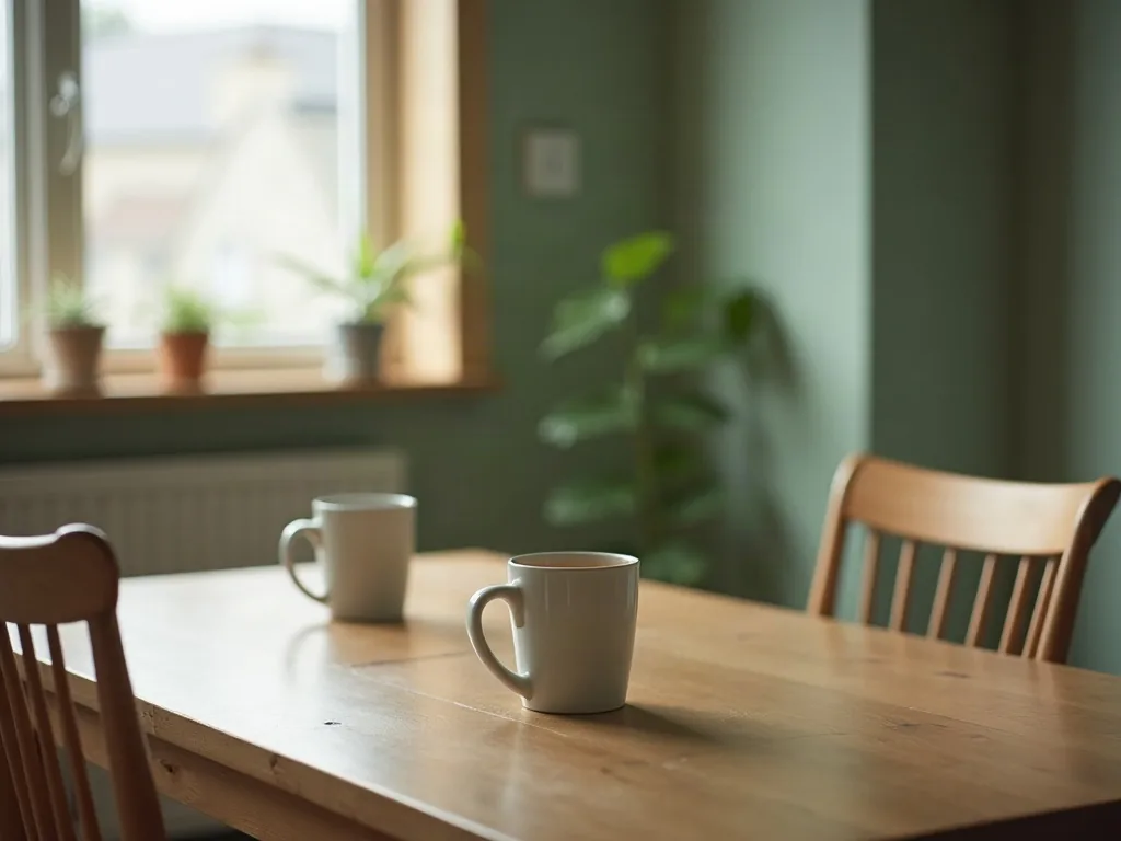 Two mugs on a wooden kitchen table in morning light, one still full, two chairs pushed back at different angles.