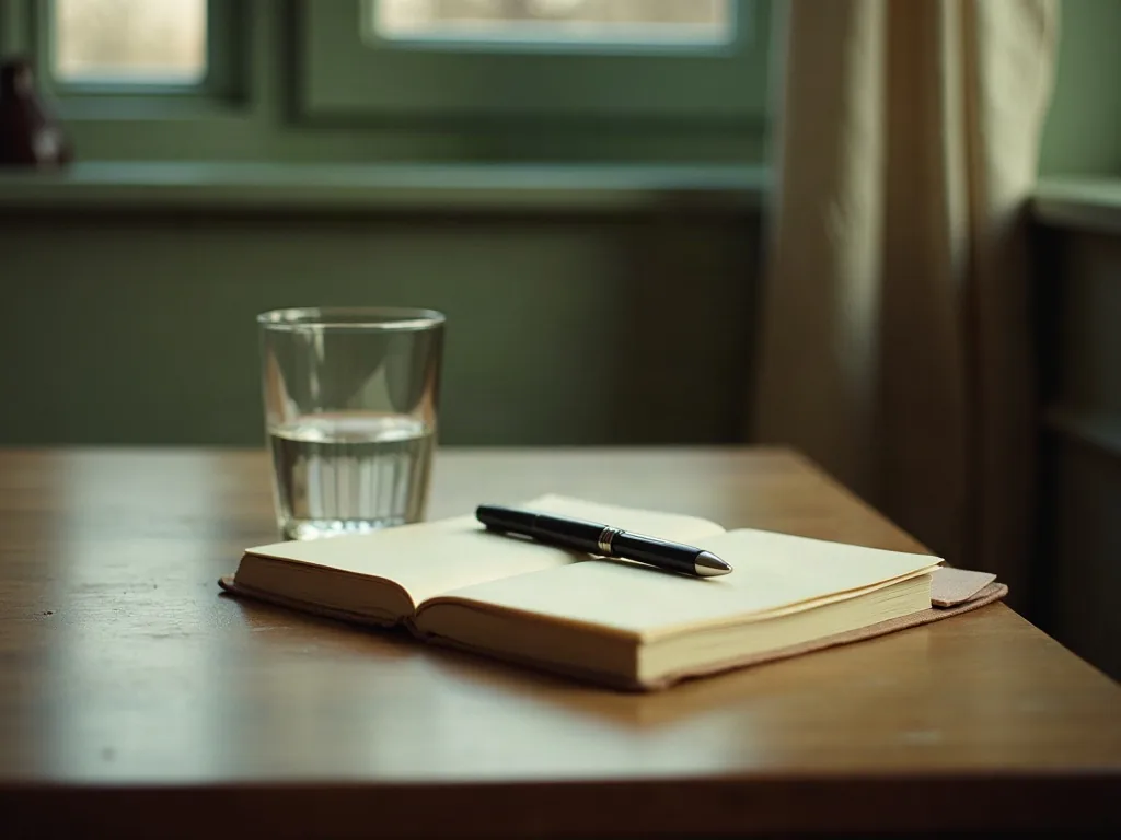 A closed notebook and a pen on a bare table beside a glass of water, lit by a lamp in the evening.