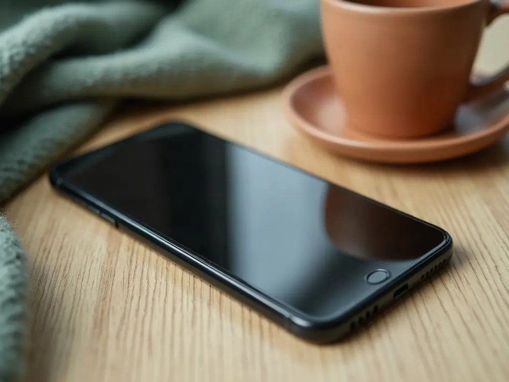 A phone face up with its screen off, on a wooden table beside a blanket and a mug.