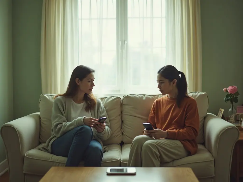 Two people sitting at opposite ends of the same sofa in a bright living room, each on their own phone.