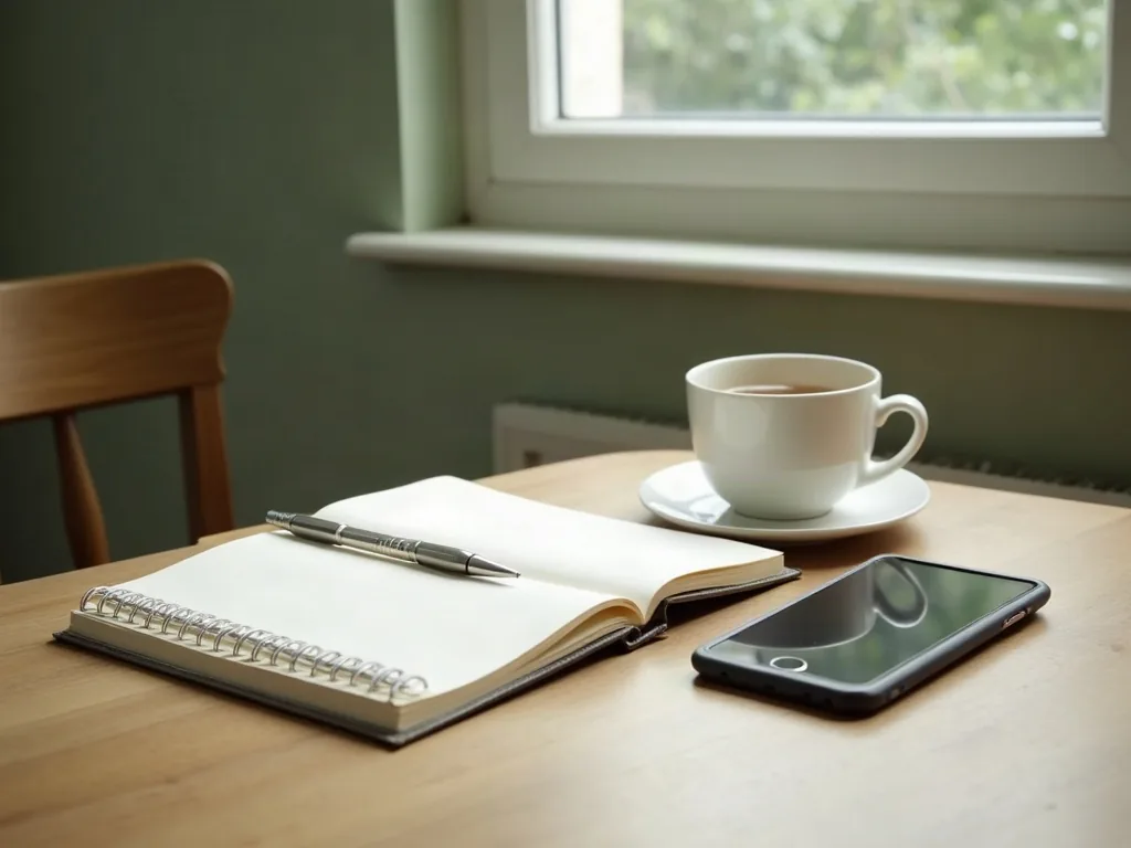 An open blank notebook and a pen beside a phone on a table by a bright window, with a half-drunk cup of tea.