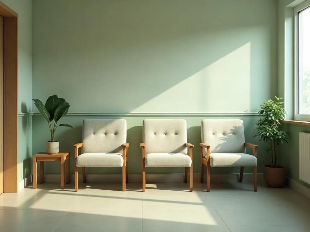 Three empty upholstered chairs along a corridor wall beside a low table and a plant, in a calm clinic waiting area.