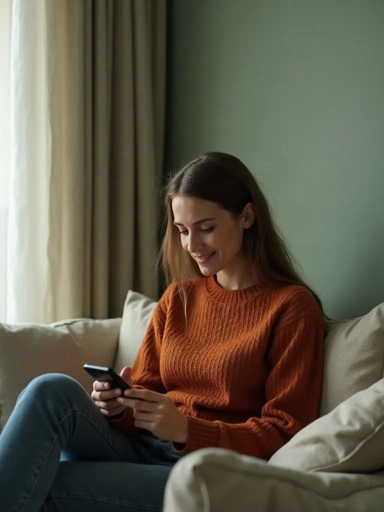A woman sitting on a sofa in a terracotta sweater, smiling faintly at something on her phone.