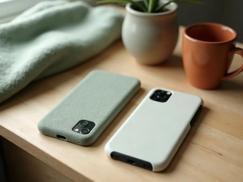 Two phones lying face down side by side on a pale wooden table, next to a sage blanket and a terracotta mug.