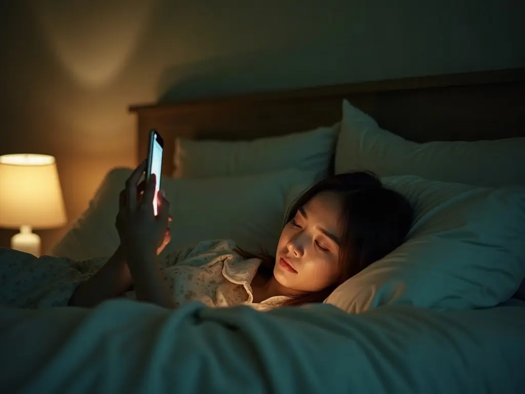 A woman lying in bed at night, her face lit by the phone she is holding above her.