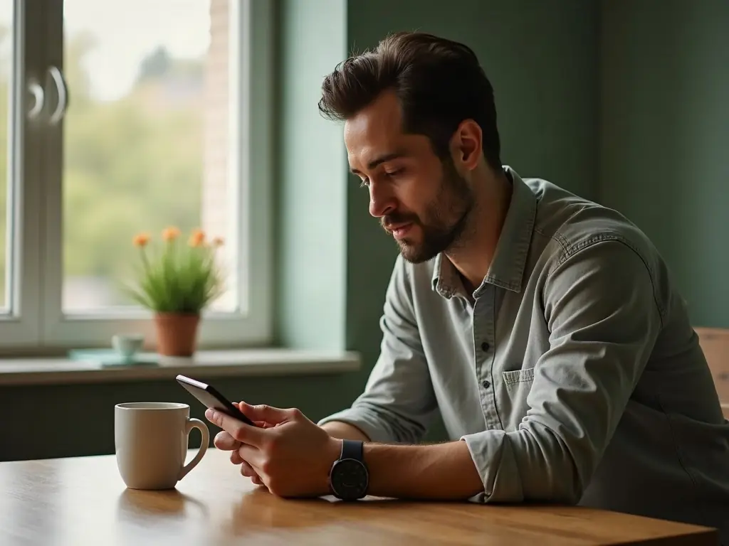 A man sitting at a kitchen table by a window in the late afternoon, looking thoughtfully at his phone.