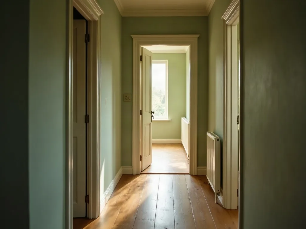 A long hallway with one door standing slightly ajar and warm light spilling across the floorboards, the rest of the hall in shadow.