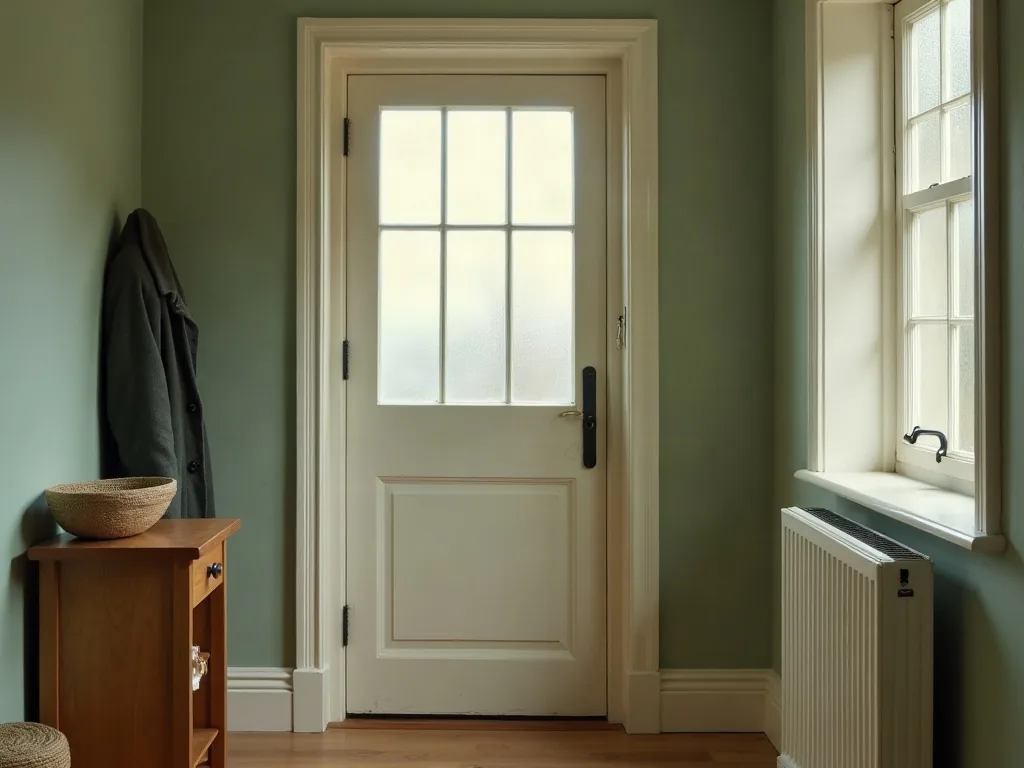 A narrow hall table by a front door with a set of keys, a folded coat and an empty bowl, in late afternoon light through frosted glass.