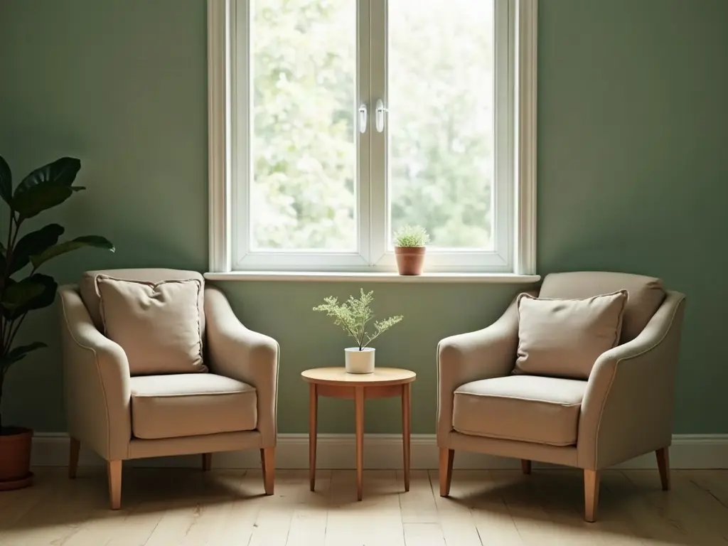 Two empty armchairs facing each other across a low table in a calm, plainly furnished room.