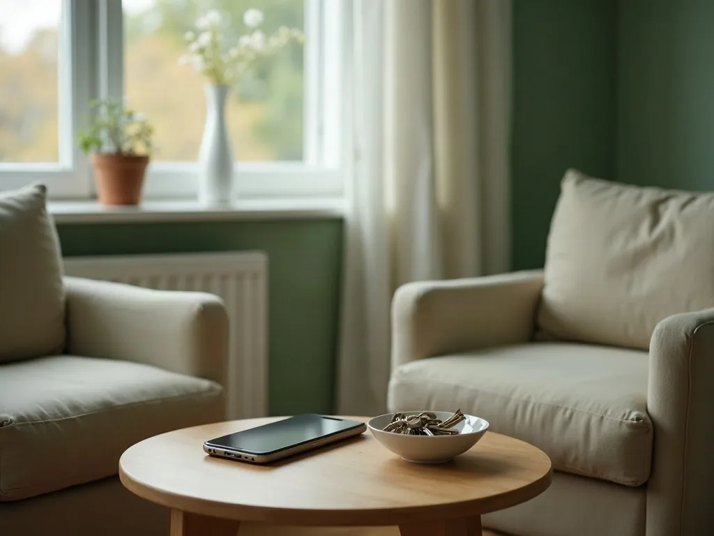 A phone lying face down on a low table between two armchairs, beside a bowl of keys.