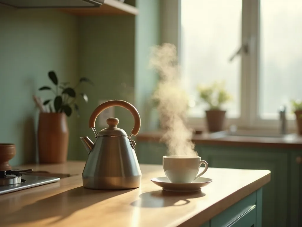 A kettle steaming on a kitchen counter in early morning light, with one clean cup set out.